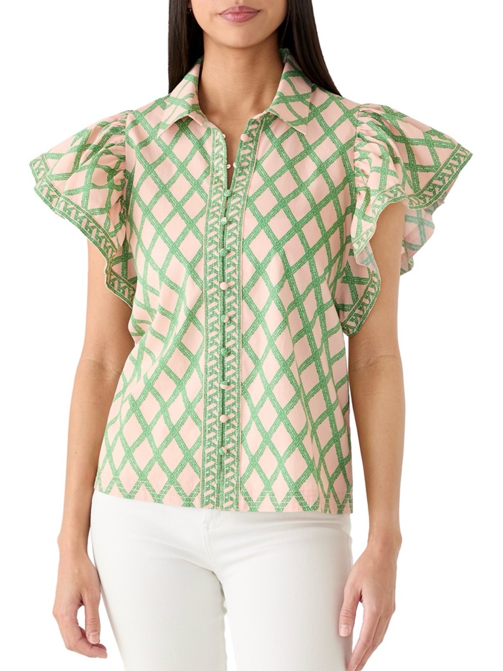 crown & ivy Pink Blouse with Green Lattice Pattern NWT